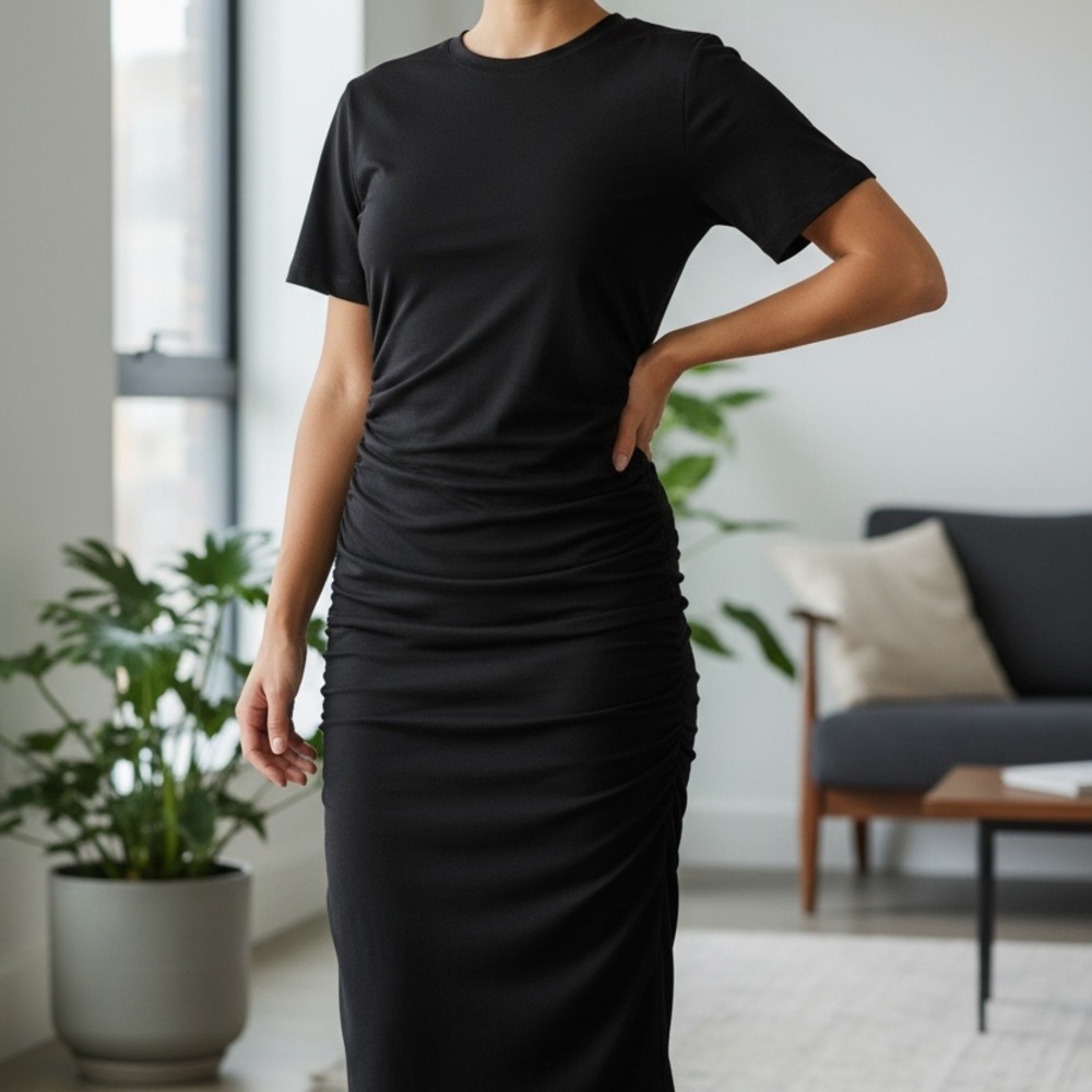 Black Ruched Midi Dress with Short Sleeves